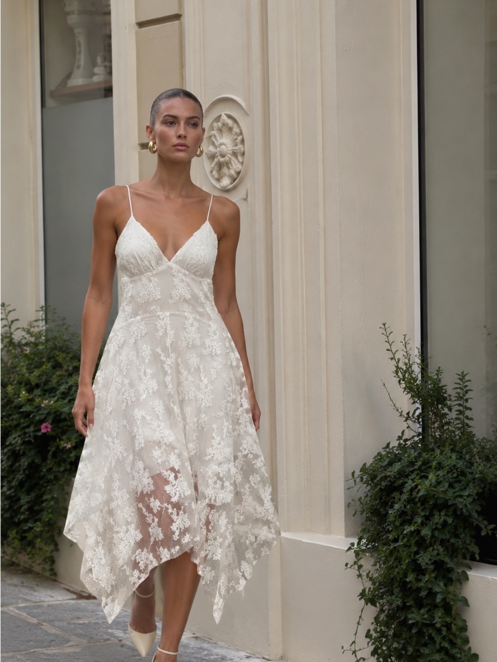 Storia White Floral Lace Handkerchief Midi Dress Bridal Fairycore Size L